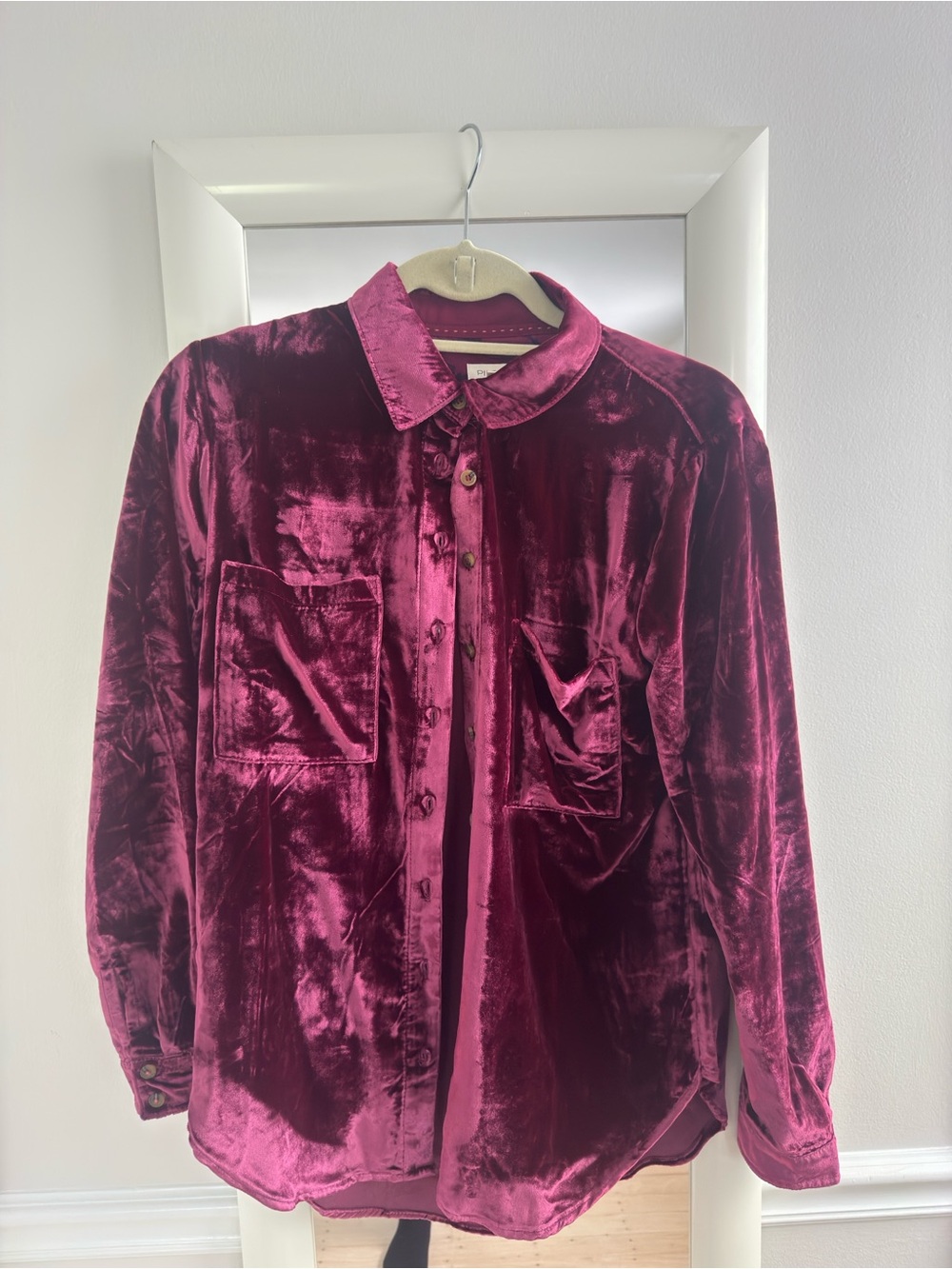 Velvet Button-Up Shirt in Deep Berry